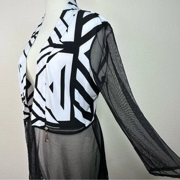 Frank Lyman Sheer Mesh Duster Cardigan Black White Geometric Open Front Size 10 - Picture 3 of 10